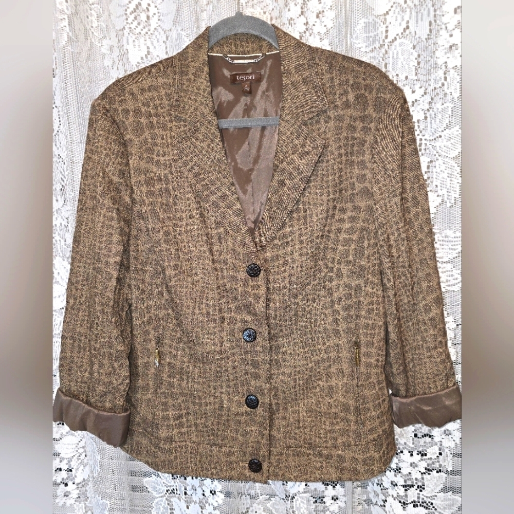 Tesori Womens Blazer, Jacket, Long Sleeve, Lined, Size 16, Brown Animal Print